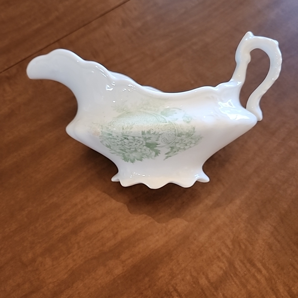 Elegant White and Green Gravy Boat Vintage Wellsville China Co. Ohio, Usa